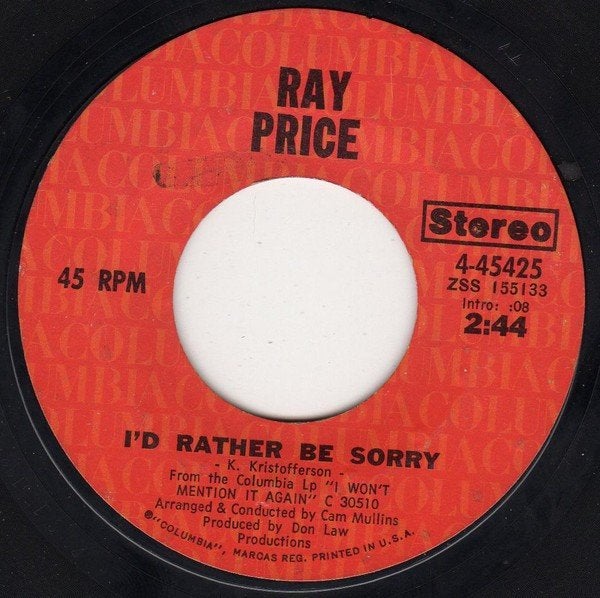 Ruil of koop Ray Price I'd Rather Be Sorry (1971 USA), Ophalen of Verzenden, Gebruikt, 7 inch, Pop