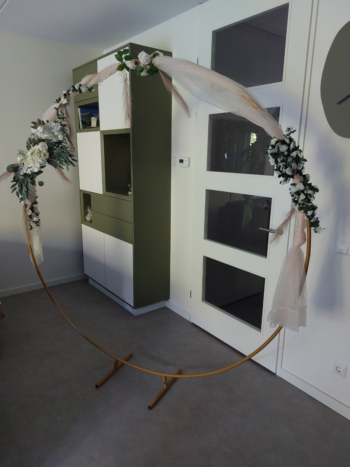 Backdrop bruiloft boog goud groen crème, Ophalen, Versiering, Geboorte of Huwelijk