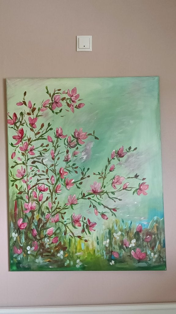 Magnolia canvas schilderij (100 x 80 cm, acrylverf), Antiek en Kunst, Ophalen, Acrylverf, Gesigneerd, Bloemen