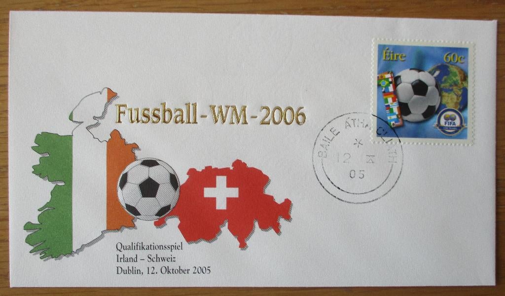 Ierland FDC kwalificatie tegen Zwitserland WK voetbal 2006, Verzenden, Gestempeld, Sport