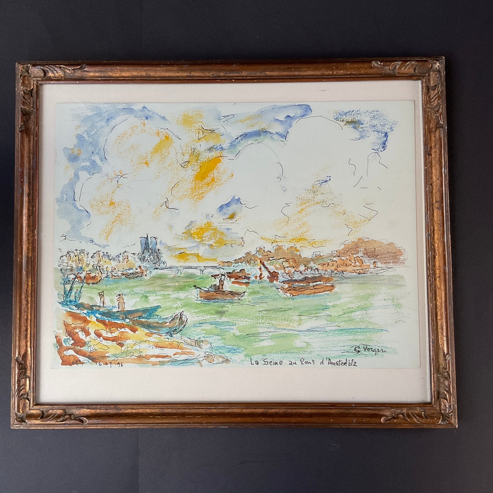 Parijs, Origineel kunstwerk met lijst, authentiek., Ophalen of Verzenden