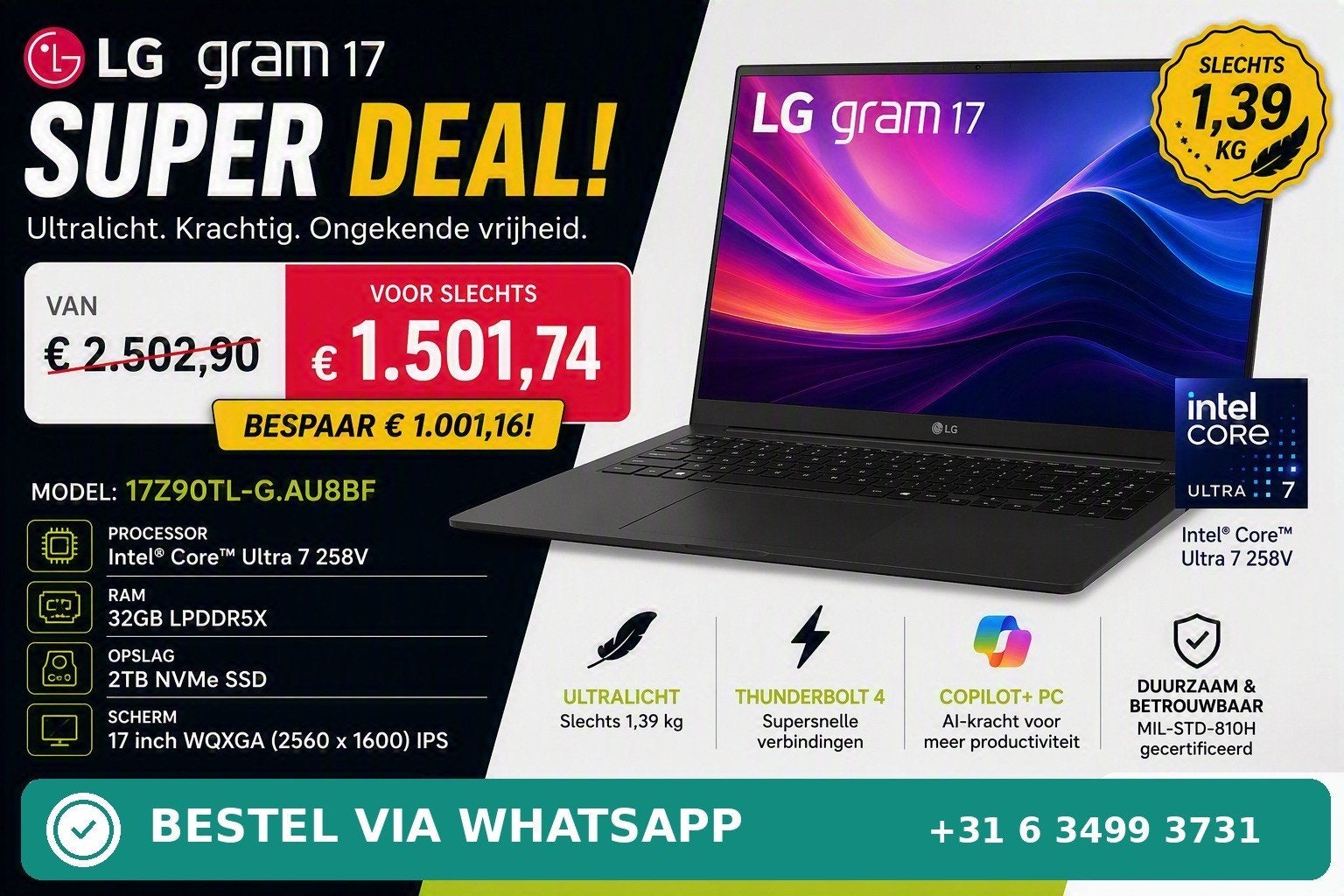 LG Gram Laptop, 32 RAM, 2 TB, 17" , inter core Ultra 7 AI, Ophalen of Verzenden, Nieuw