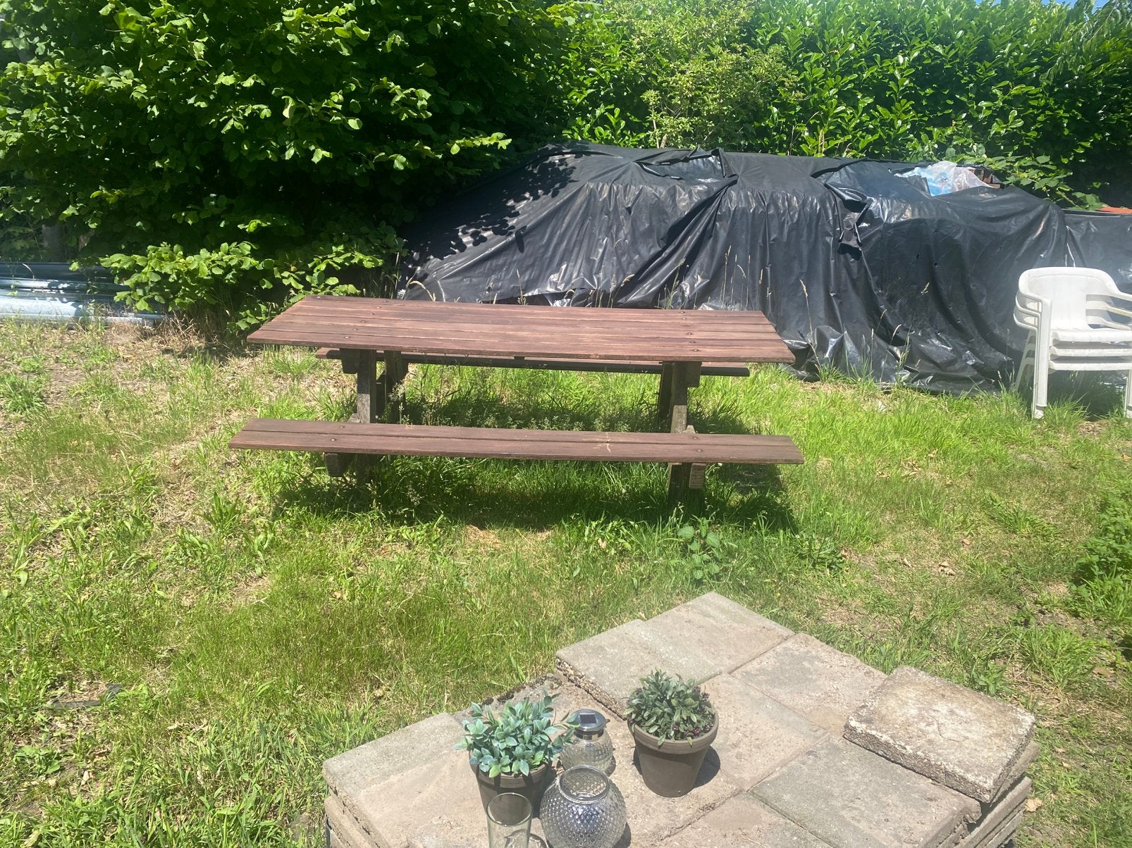 6 persoons tuintafel nieuw gebeitst, Tuin en Terras, Picknicktafels, Ophalen, Zo goed als nieuw, Rechthoekig, Hout