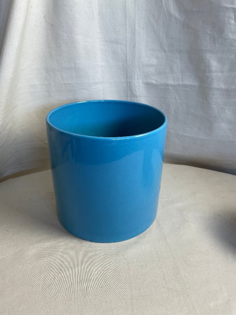 Vintage turquoise rechte aardewerken bloempot jaren 80, Gebruikt, Rond, Binnen, Ophalen of Verzenden