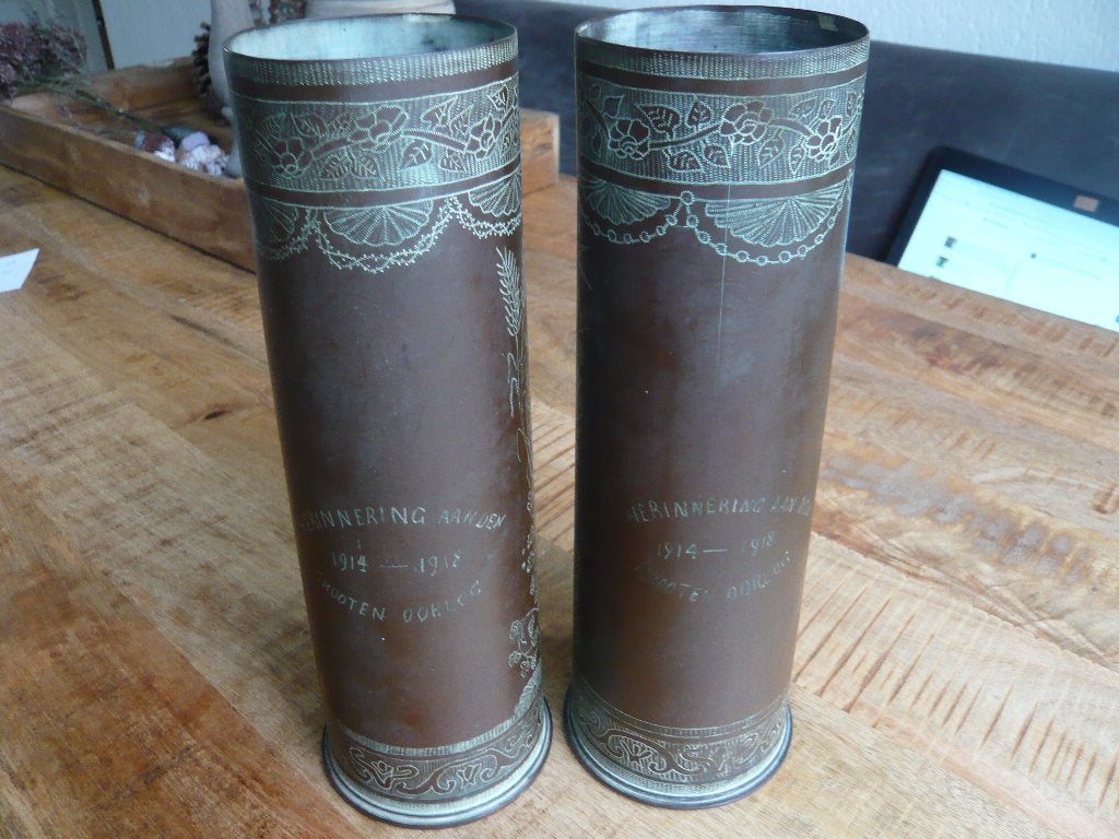 2x messing huls 18 PR WO1 met inscriptie, Ophalen of Verzenden, Landmacht, Duitsland, Hulzen of Bodemvondsten