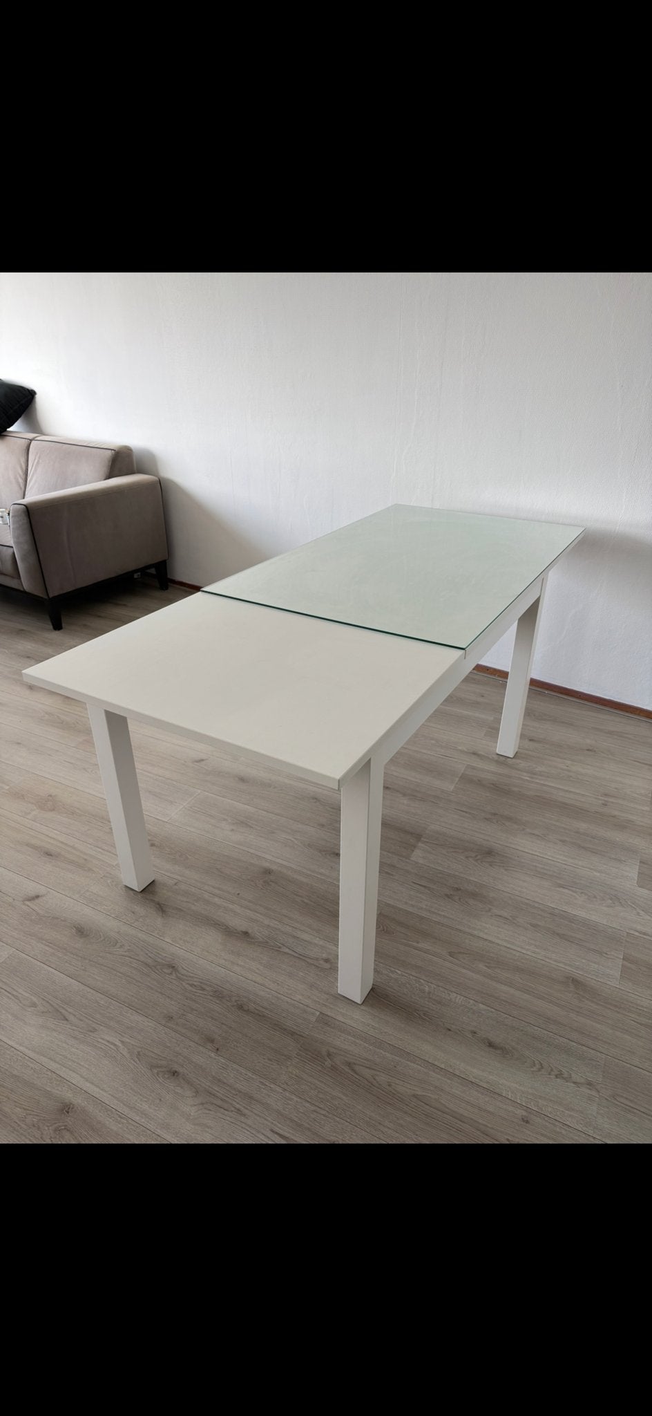 Witte Uitschuifbare Eettafel met Glasplaat (130-180x80), Gebruikt, Glas, 150 tot 200 cm, Rechthoekig