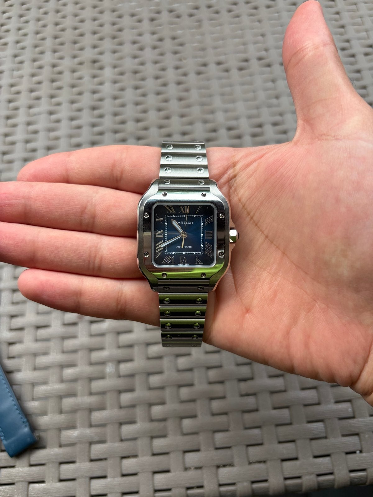 Cartier Santos 35mm Blauwe Wijzerplaat Horloge, Overige merken, Staal, Polshorloge, Ophalen of Verzenden