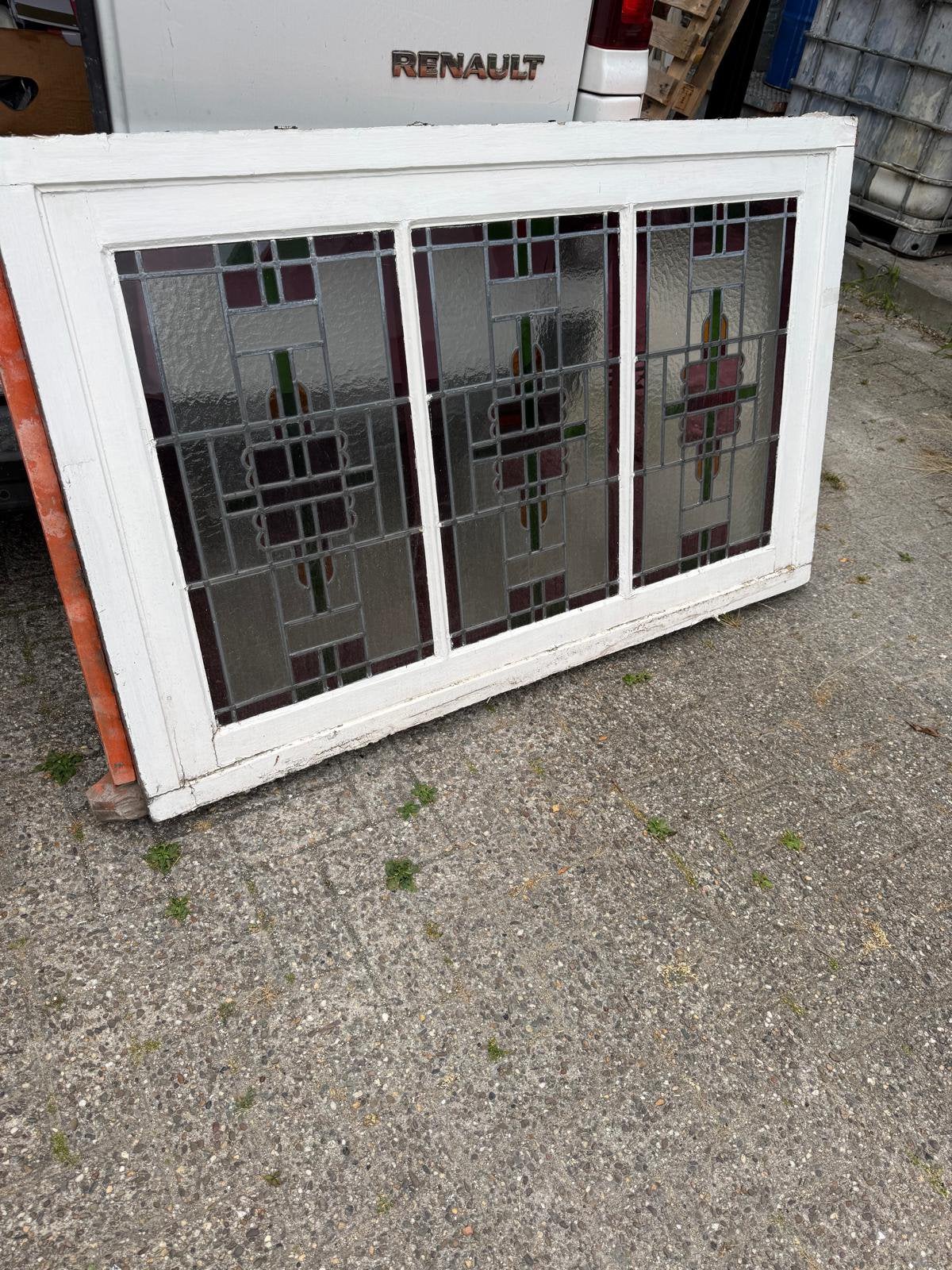 Glas in lood ramen met kozijn 150 x 95, Raamkozijn, Zo goed als nieuw, Hout, Ophalen