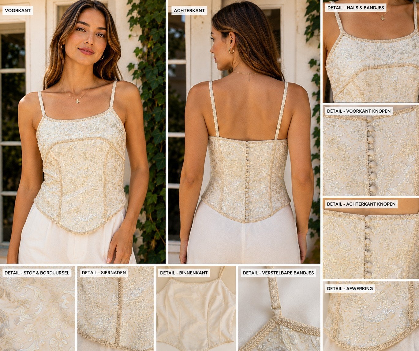 Elegant Crème Corset Top met Kant en Verstelbare Bandjes, Maat 38/40 (M), Beige, Ophalen of Verzenden, Zonder mouw