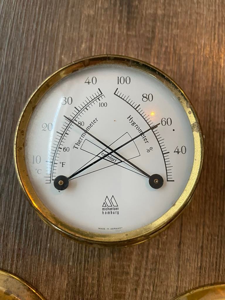 Vintage Michaelsen Hamburg Weerstation Set - Messing, Audio, Tv en Foto, Weerstations en Barometers, Ophalen of Verzenden, Zo goed als nieuw