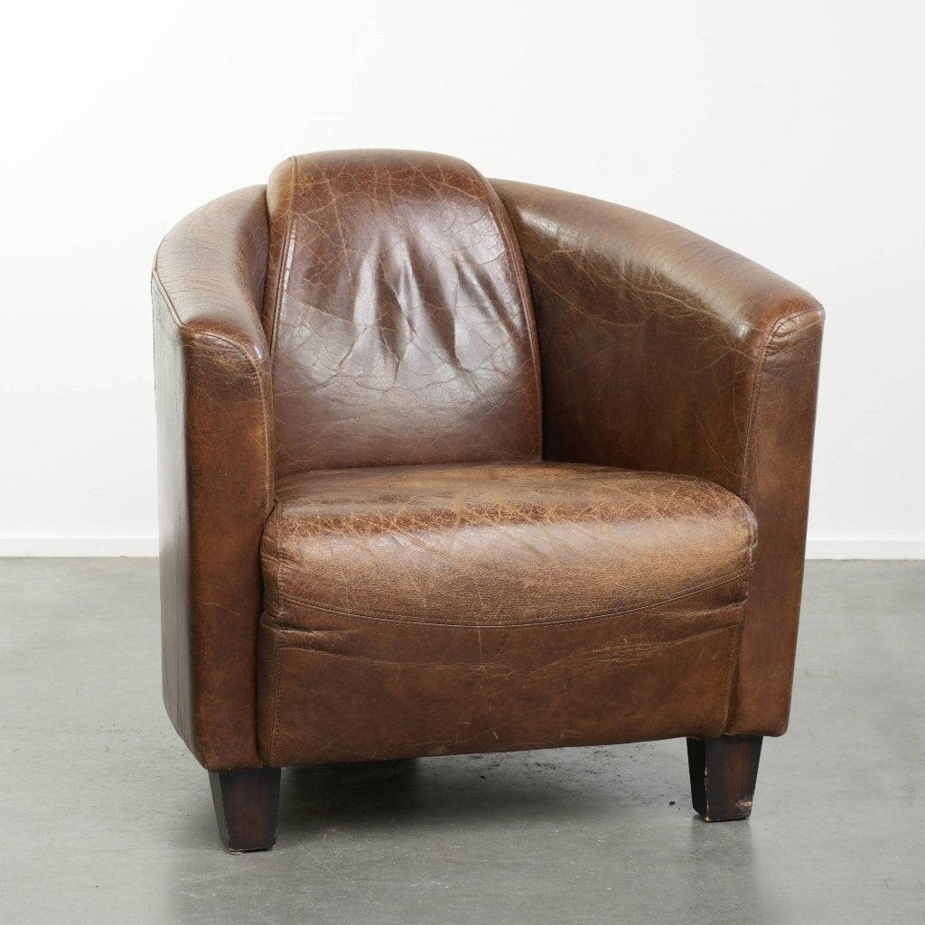 Stoere cognac kleurige rundleren Aviator design fauteuil, Ophalen, Gebruikt, Aviator, .