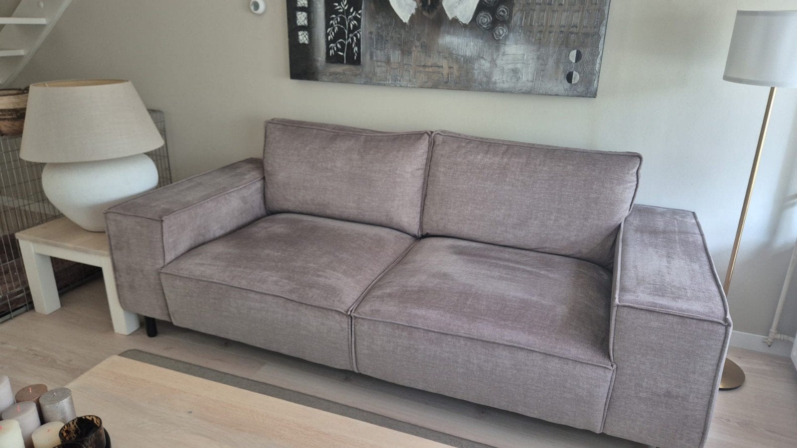 Comfortabele Taupe 2,5 zitsbank, Ophalen, Gebruikt, Tweepersoons, 75 tot 100 cm