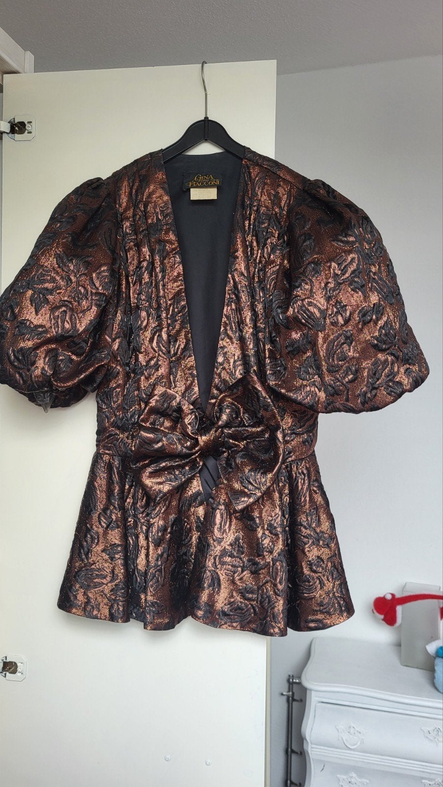 GINA BACCONI feest blouse M-L koper zwart brokaat met strik, Ophalen, Zo goed als nieuw, Zwart