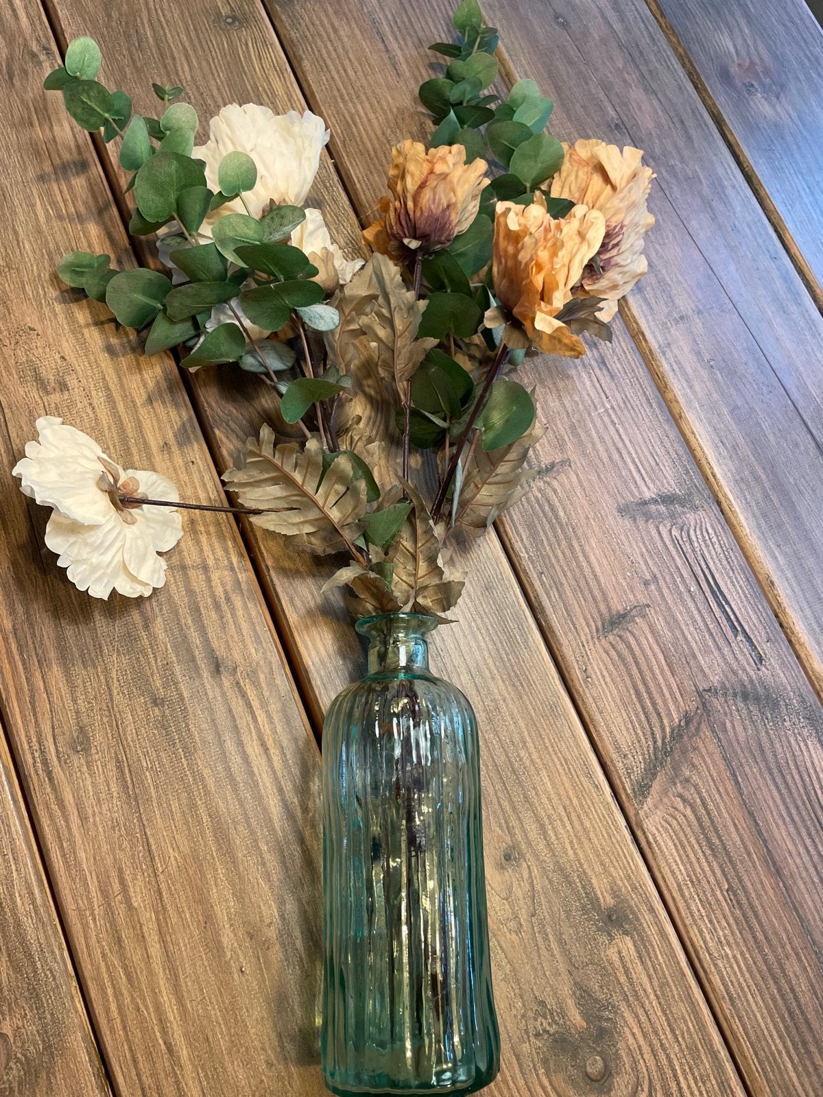 Kunstbloemen boeket met vaas - Beige, Oranje, Groen, Huis en Inrichting, Ophalen, Binnen, Gebruikt, Beige