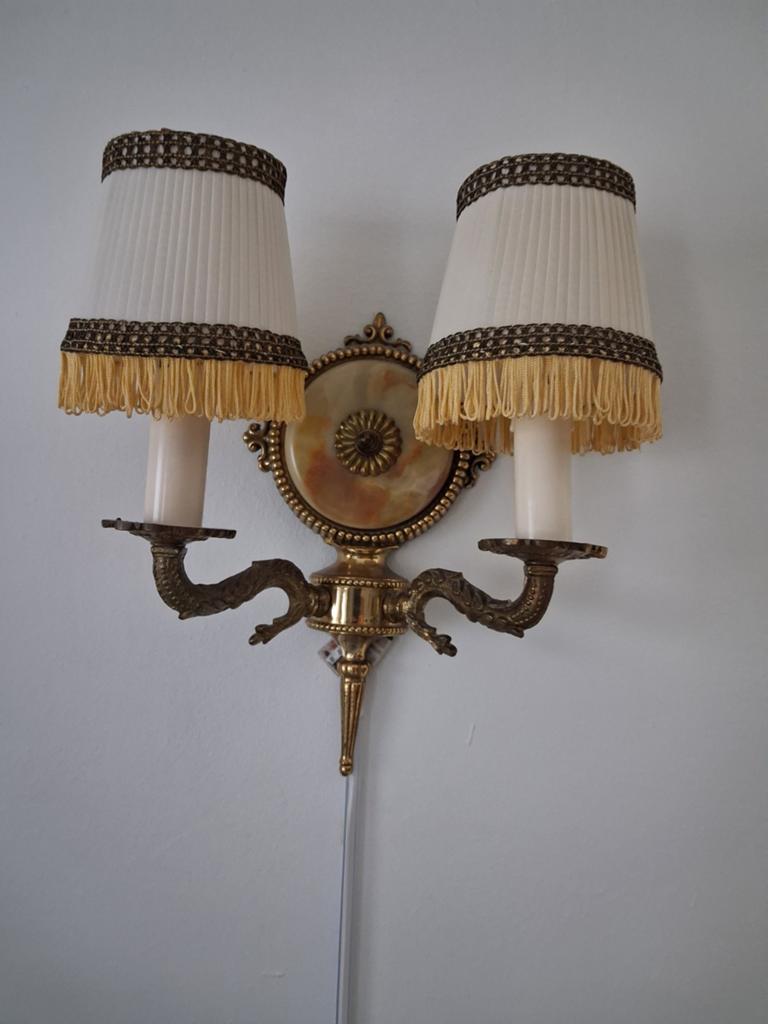 Vintage Wandlamp met Twee Lichtpunten en Stoffen Kappen, Ophalen of Verzenden, Gebruikt, Overige materialen