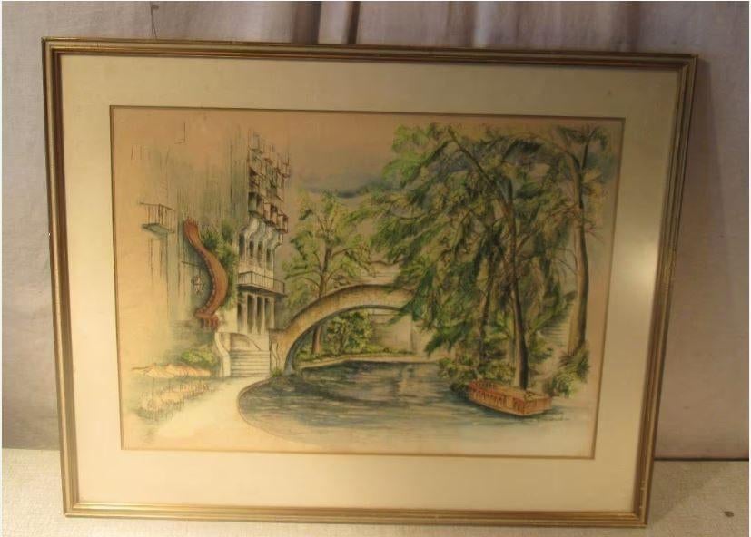 Mooi geschilderd Aquarel 'Brug en Terrasje' - Siebenhausen, Antiek en Kunst, Ophalen of Verzenden