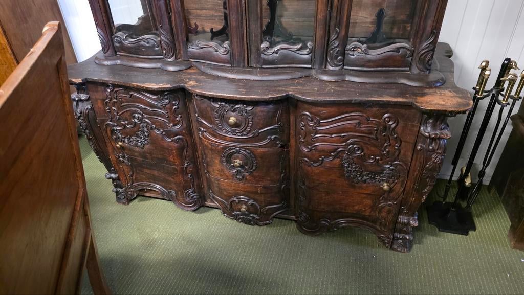 Antieke 19e-eeuwse rijk bewerkte vitrinekast, Ophalen of Verzenden