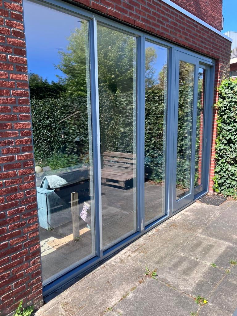 Schuifpui en kozijnen hardhout en HR++ glas, Ophalen, 225 cm of meer, Zo goed als nieuw, Inclusief glas