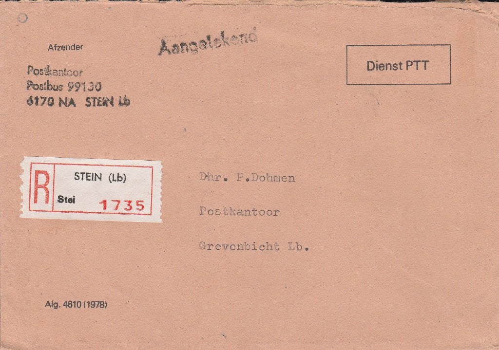 STEIN 1978 aangetekende dienstenvelop PTT postkantoor, Ophalen of Verzenden, Voor 1920, Gelopen, Limburg