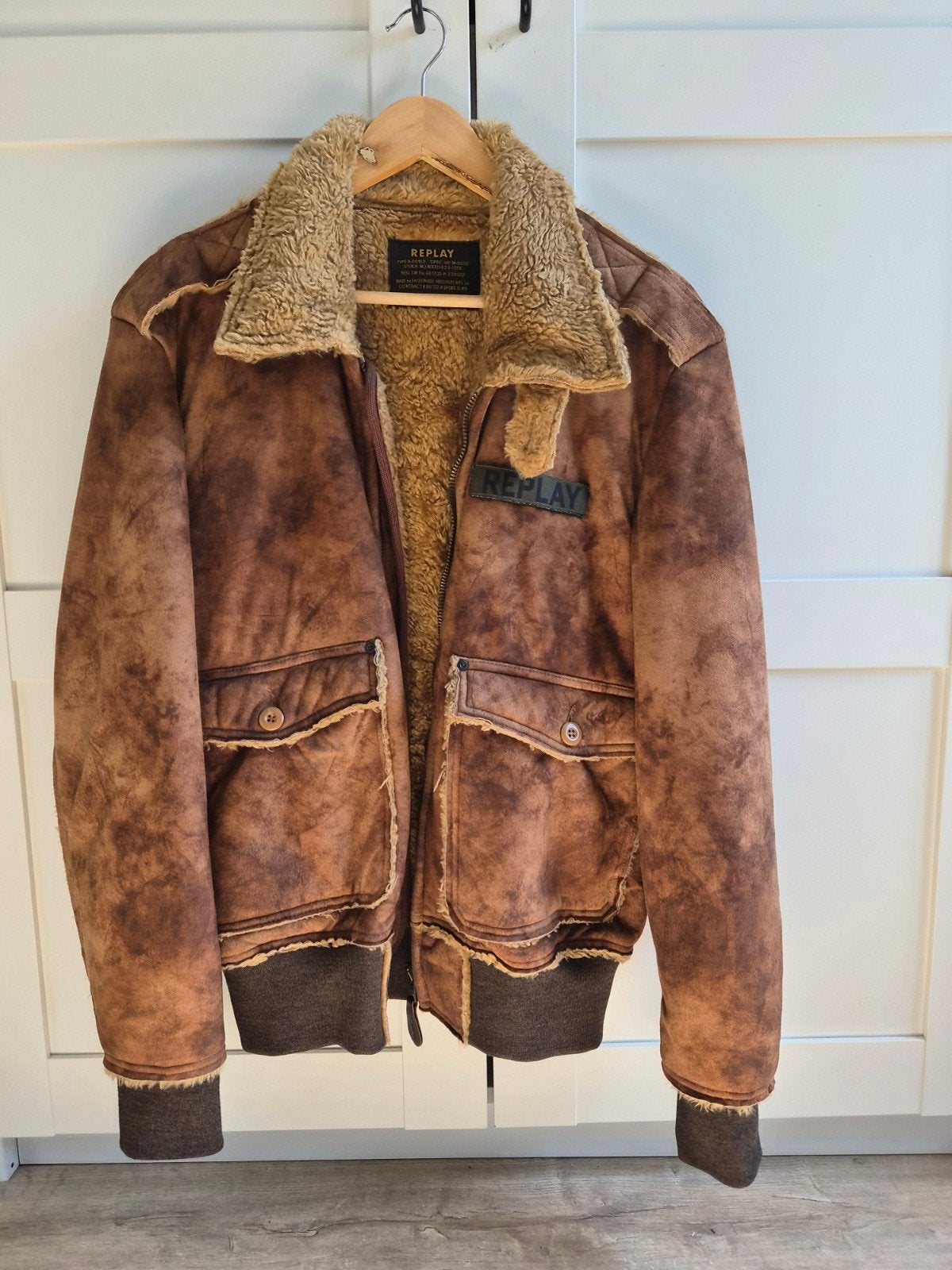 Warme Replay Jas van Leer/Suede in Bruin, Kleding | Heren, Jassen | Winter, Maat 52/54 (L), Bruin, Ophalen of Verzenden, Gedragen