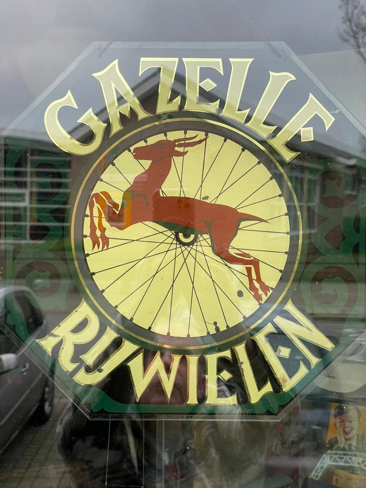 Glazen reclame Gazelle Rijwielen 1950, Verzamelen, Ophalen, Reclamebord, Gebruikt, Gazelle