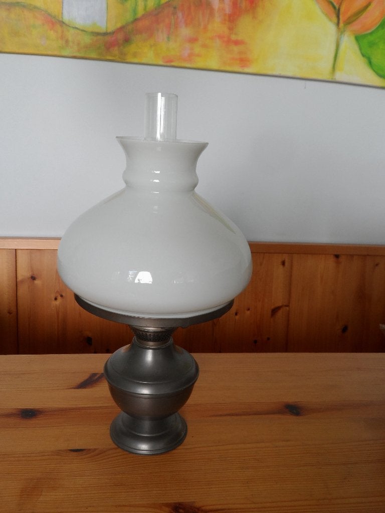 Tinnen lamp met melkglazen kap - rio tiel holland, Ophalen of Verzenden
