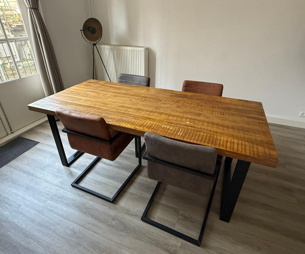 Industriële eettafel + 4 stoelen | Loods 5 | 200x90 cm, Huis en Inrichting, Tafels | Eettafels, Ophalen, 200 cm of meer, 50 tot 100 cm