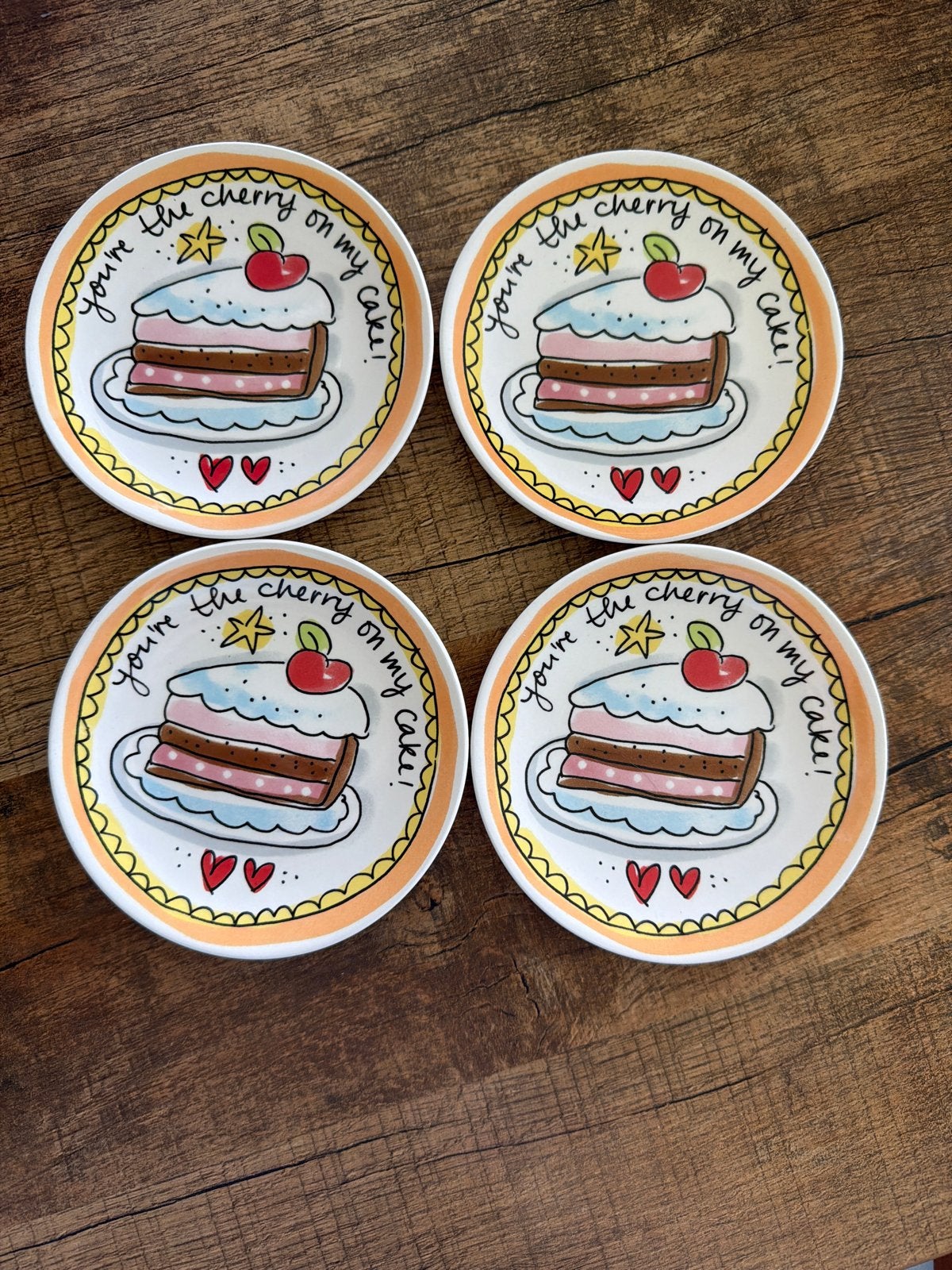 4 Blond Amsterdam gebaksbordjes 'Cherry on my Cake', Huis en Inrichting, Keramiek, Nieuw, Ophalen of Verzenden, Bord(en)