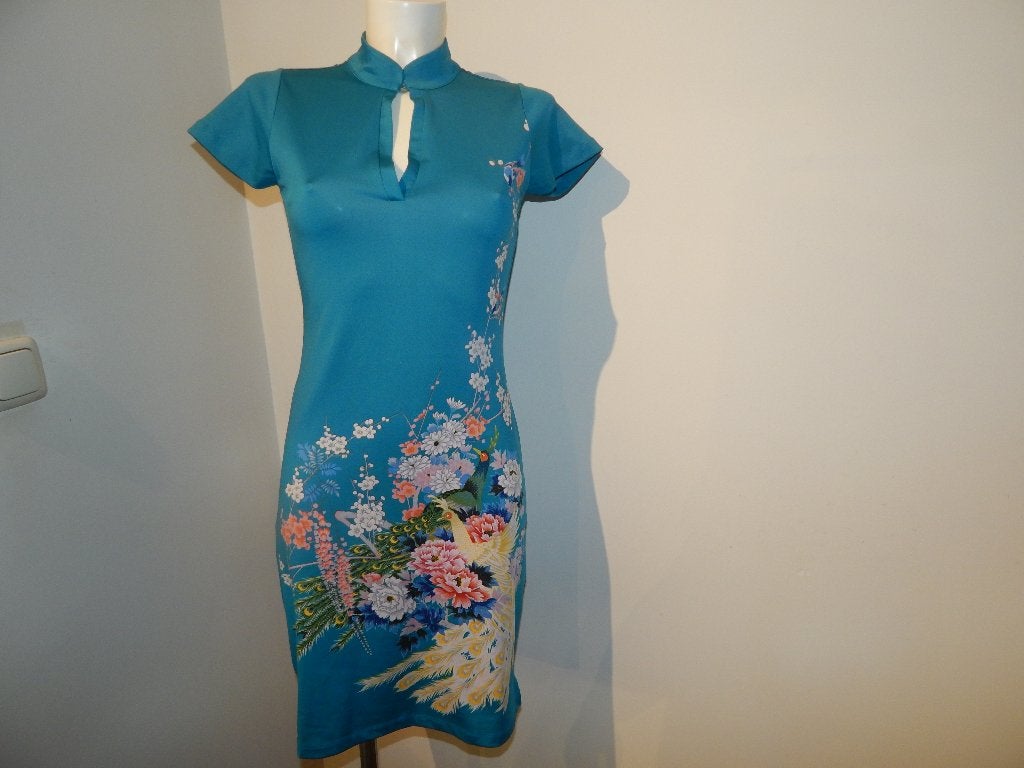 King Louie stretch jurk japanse look vogels bloemen S, Zo goed als nieuw, Knielengte, King Louie, Maat 36 (S)