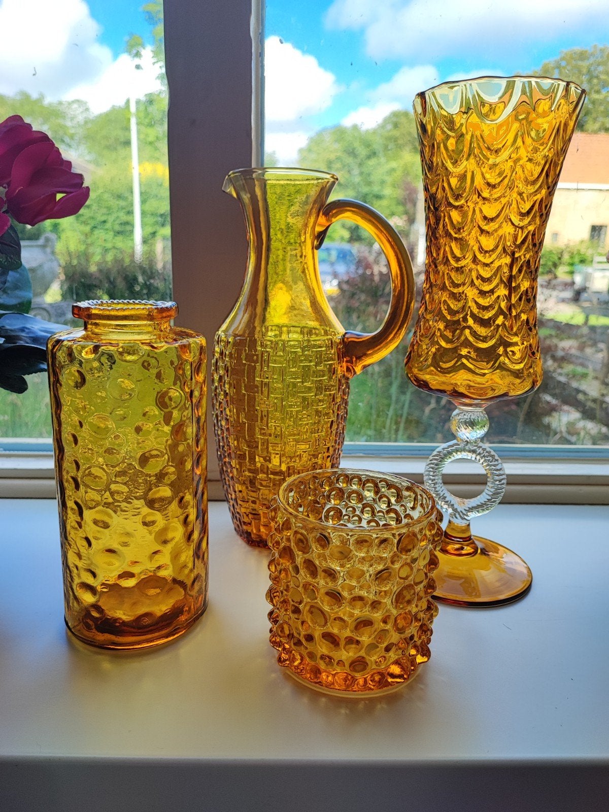 Prachtige Vintage Amber honing goud vintage glas vazen set, Handgemaakt, Ophalen of Verzenden, Goud, Glas
