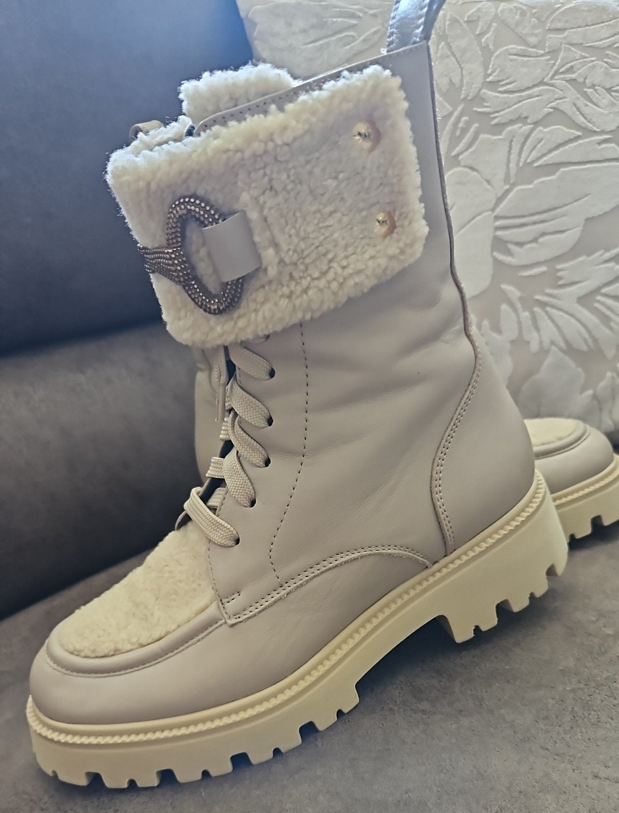 Evaluna Lederen Chunky Biker Boots Veterlaarzen Bont maat 38, Ophalen, Zo goed als nieuw, Beige, Hoge laarzen