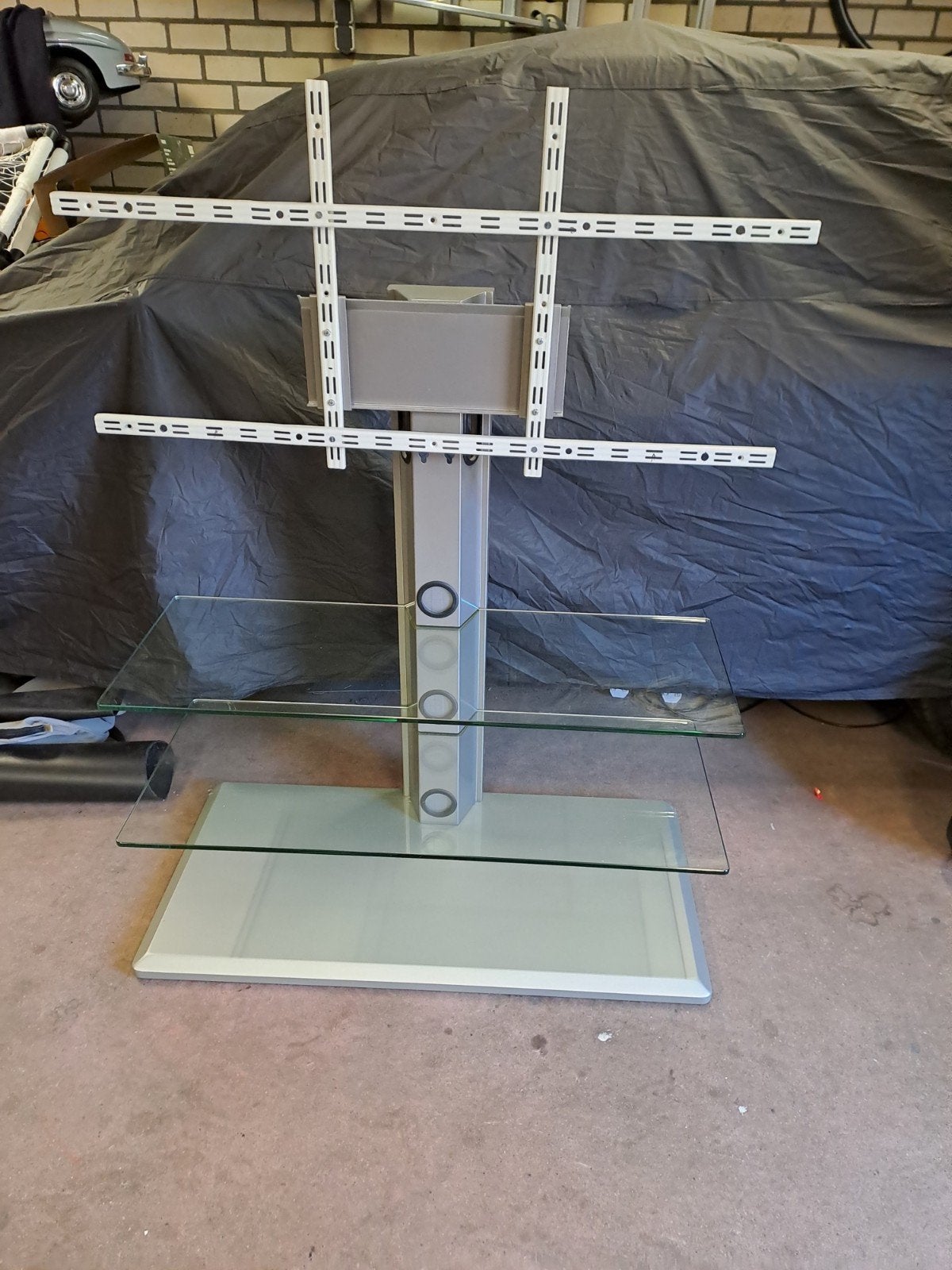 Moderne TV-standaard met glazen planken en TV-beugel, Huis en Inrichting, Kasten | Televisiemeubels, Gebruikt, 100 tot 150 cm