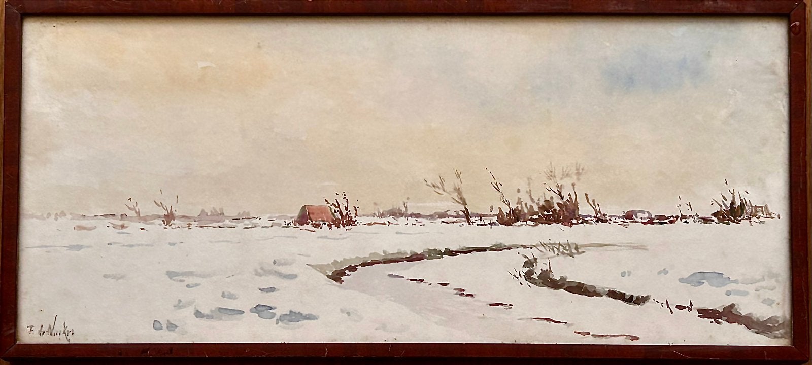 Frans de Nocker 1884-1955 Winter. Aquarel 50x23 cm in lijst, Ophalen of Verzenden, Zo goed als nieuw, Minder dan 50 cm, Schilderij