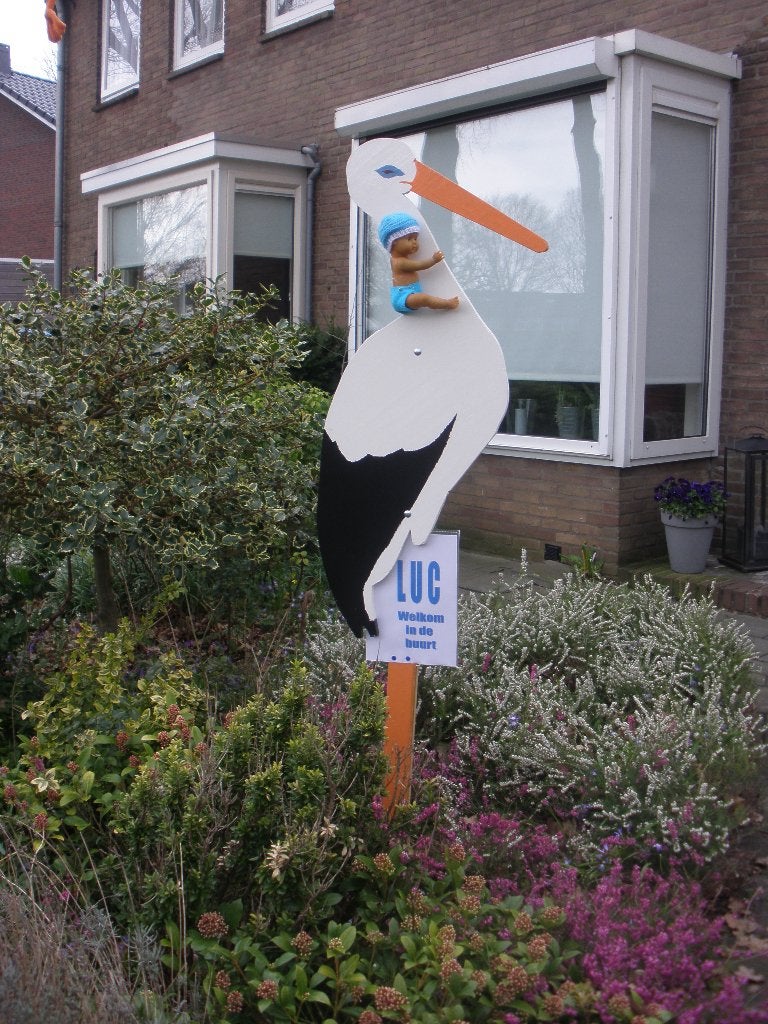 Houten geboorte ooievaar te huur. Omgeving Zevenaar, Ophalen of Verzenden, Gebruikt, Geboortebord