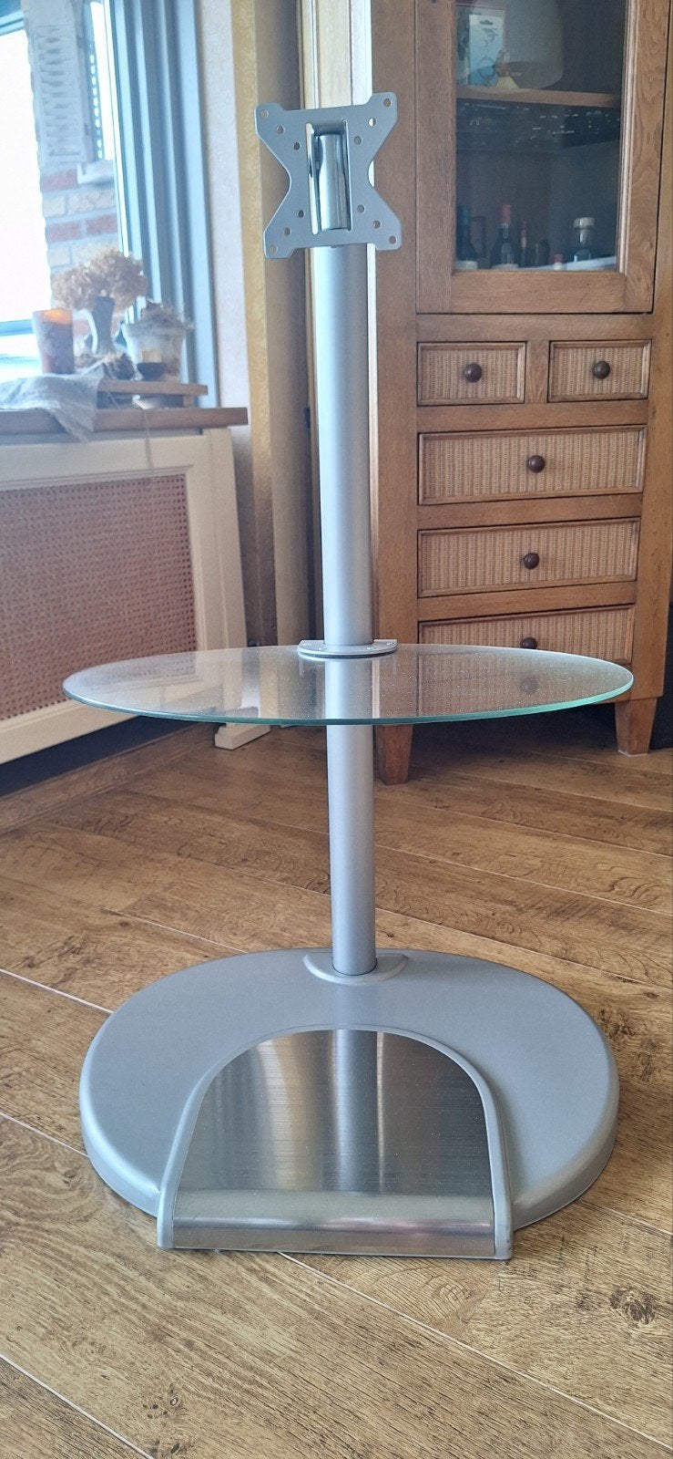 Zilverkleurige TV-standaard met glazen plateau, Audio, Tv en Foto, Televisie-accessoires, Ophalen
