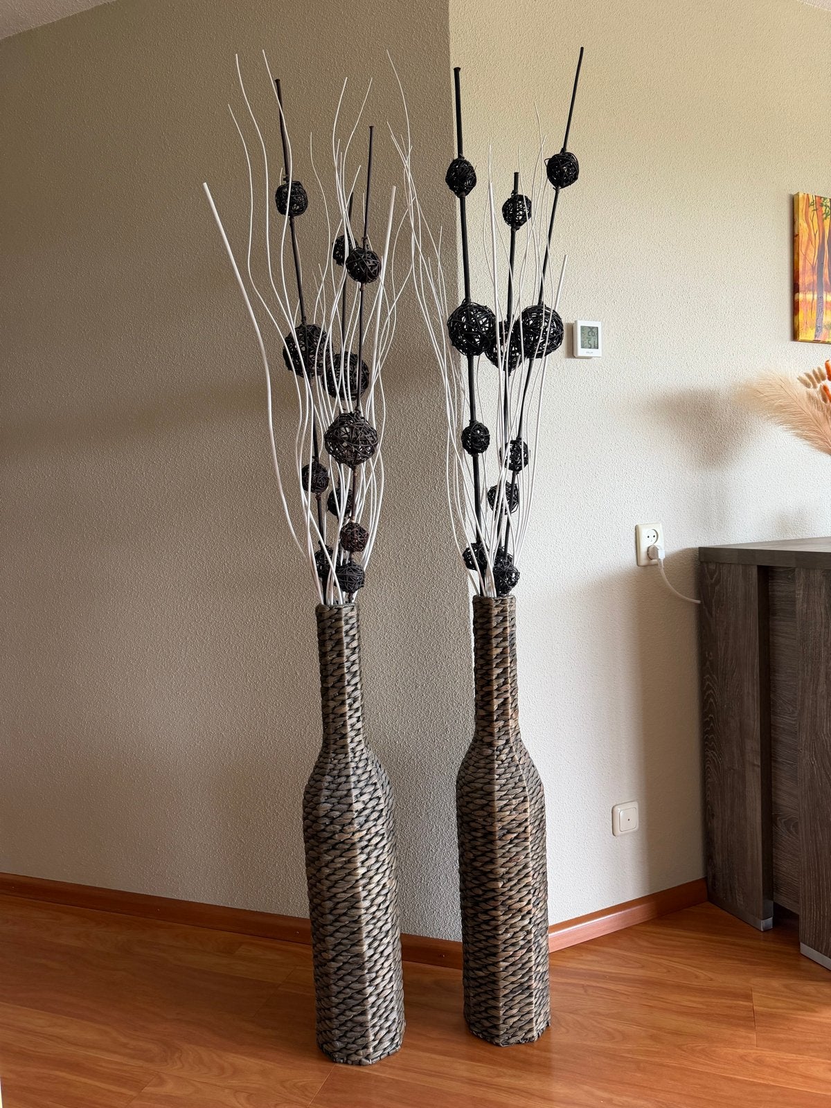 2 Vloervazen met decoratietakken - Riet en Hout, Ophalen, Gebruikt, 195 cm, Zwart