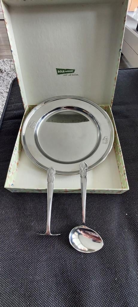 Vintage Zilver kinderbordje van Sola + kinderbestek van Gero, Ophalen of Verzenden