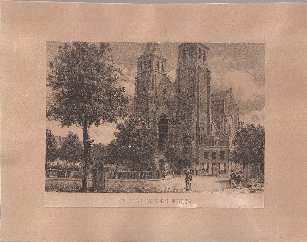 St. Walburgsplein Arnhem Litho ca. 1875, 1800 - 1899, Architectuur, Ophalen of Verzenden, 12 cm