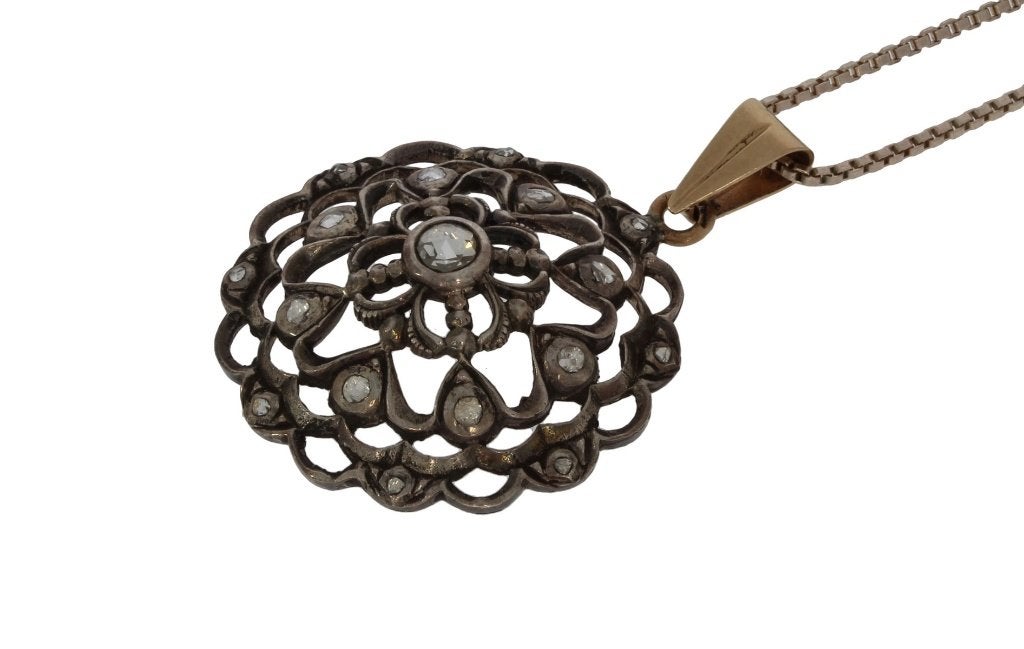Diamanten grote 14k gouden ketting hanger zilver antiek dame, Ophalen of Verzenden, Goud, Hanger, Met edelsteen