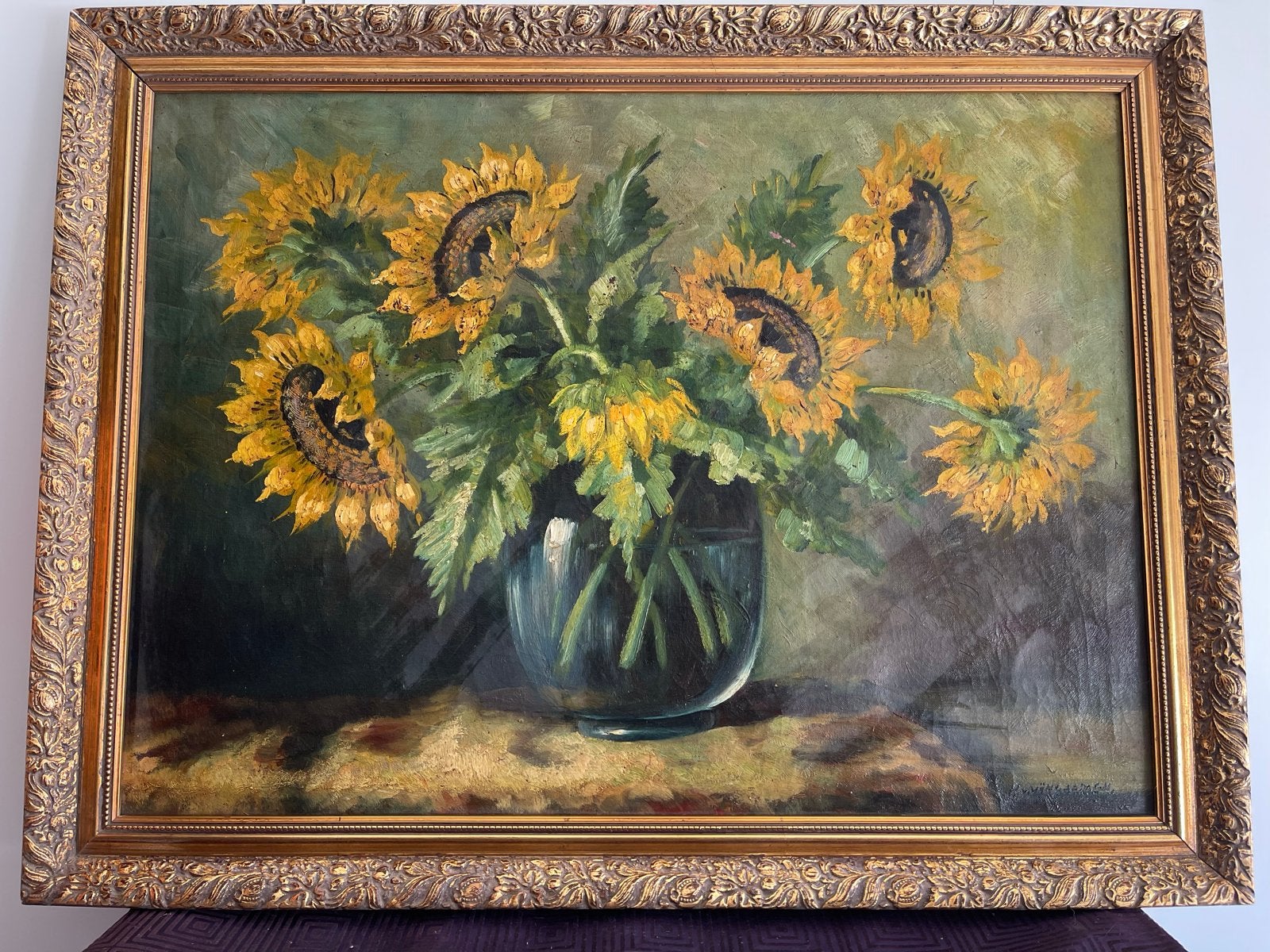 Olieverfschilderij Zonnebloemen in Vaas - Gesigneerd, Bloemen, Doek, Realistisch, Ophalen of Verzenden