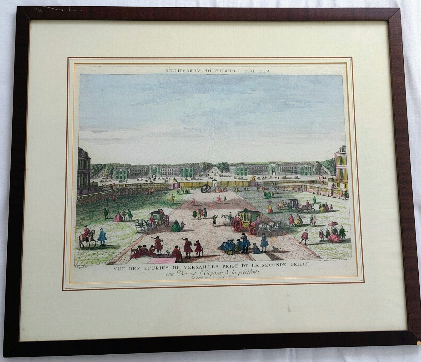 Antieke optica prent: Vue des Ecuries de Versailles, Antiek en Kunst, Ophalen, Stadsgezicht, Gravure, Handgekleurd