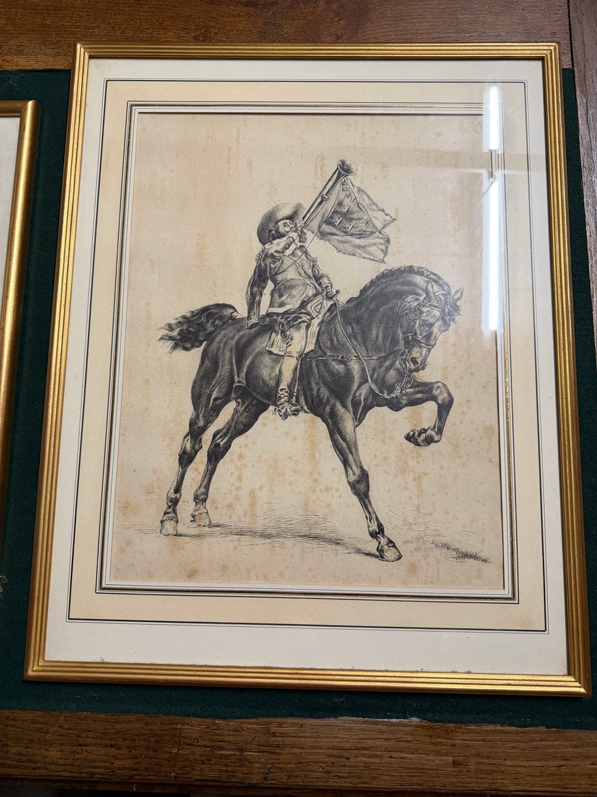 Antieke litho: Ruiter met Vaandel, Ingelijst, 1800 - 1899, Militair, Ophalen of Verzenden