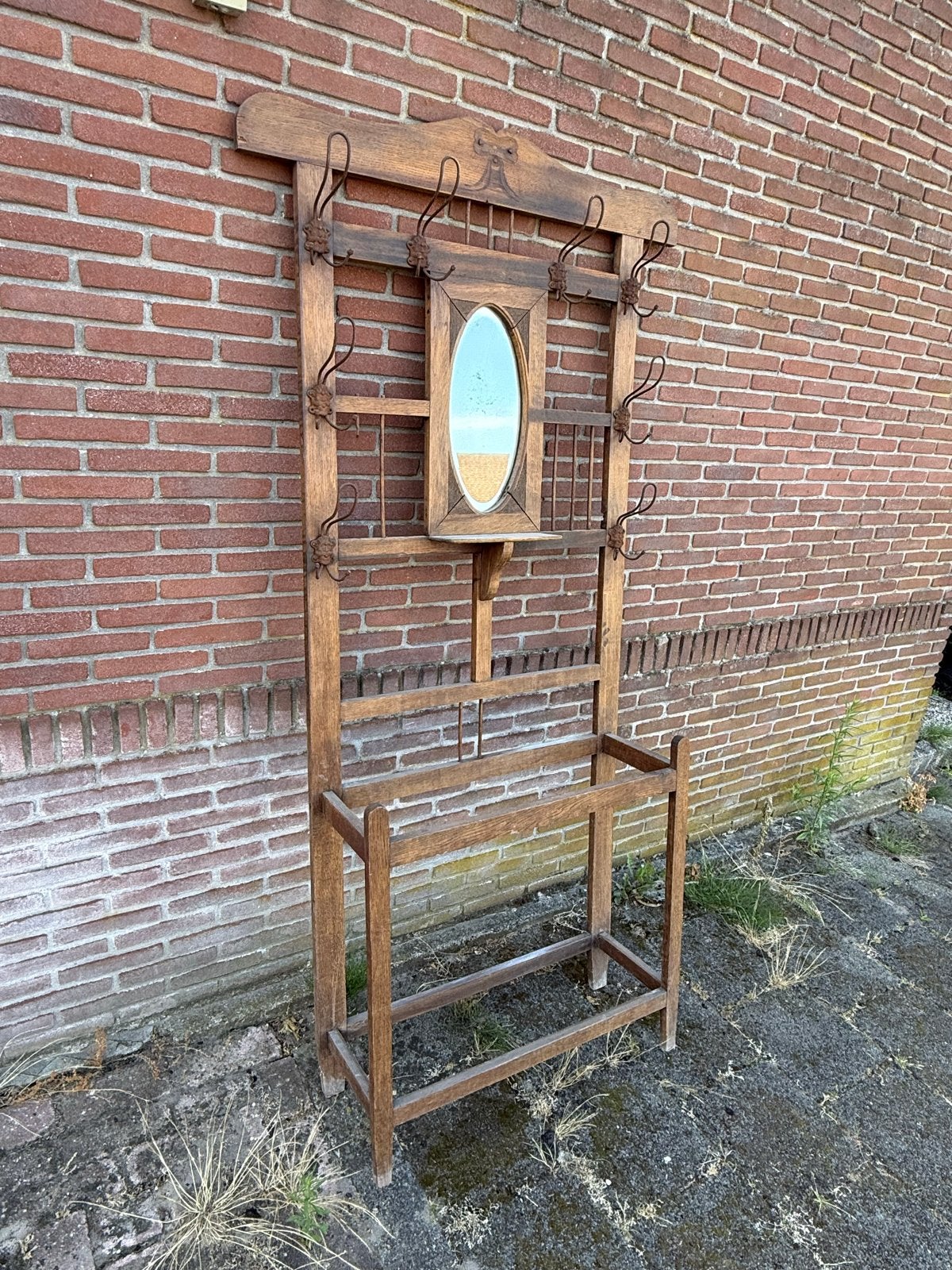 Antieke houten kapstok met spiegel en paraplubak, Ophalen
