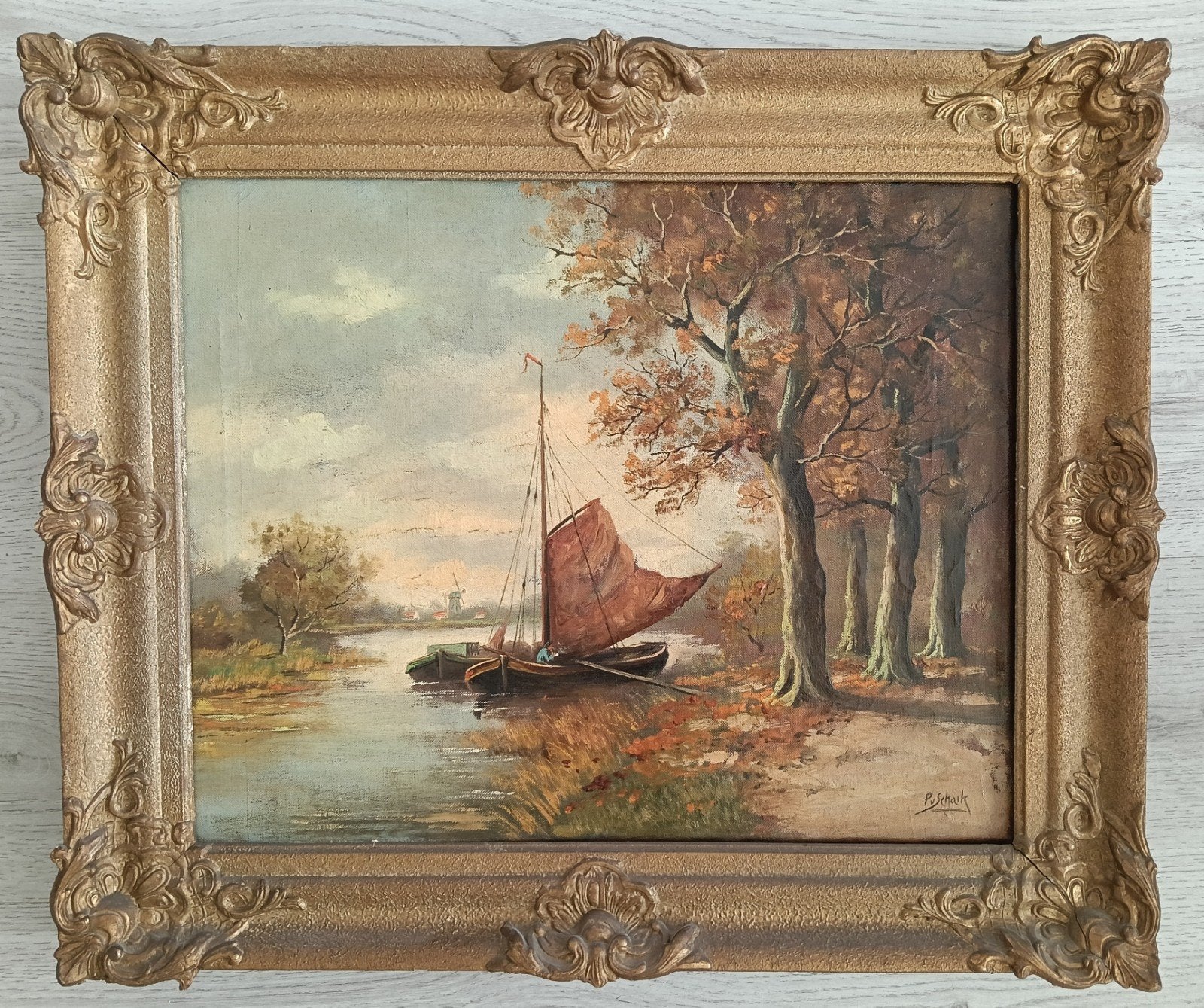 Peter van Schaik (1910-1991) -  landschap met platbodem, Antiek en Kunst, Kunst | Schilderijen | Klassiek, Ophalen of Verzenden