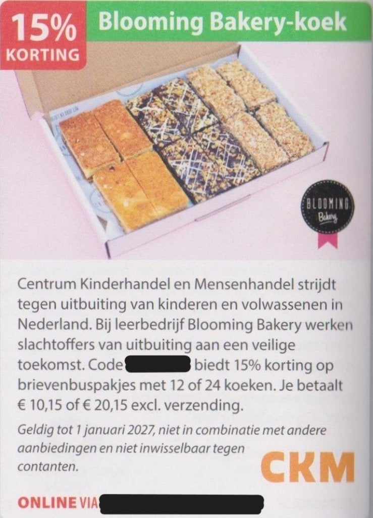 Blooming Bakery-koek. 15% korting. Postcodeloterij bon., Eén persoon, Kortingsbon, Warenhuis- of Winkelbon