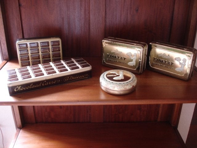 Oude Chocolade blikken, Tjoklat, Chocolaad Driessen, 5 stuks, Ophalen of Verzenden, Gebruikt, Overige, Overige merken