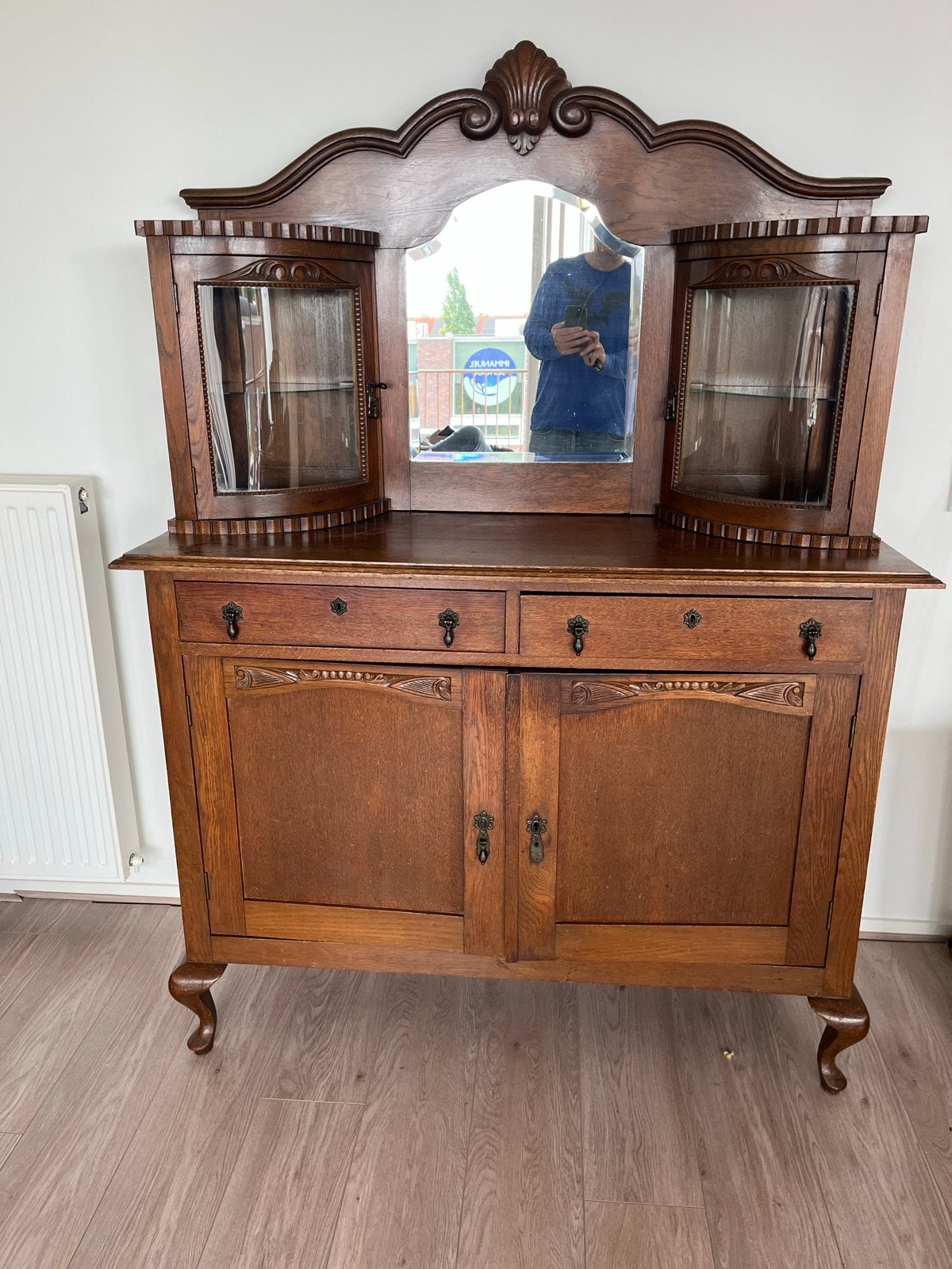 Antiek Eiken Dressoir met Vitrine en Spiegel, Antiek en Kunst, Ophalen