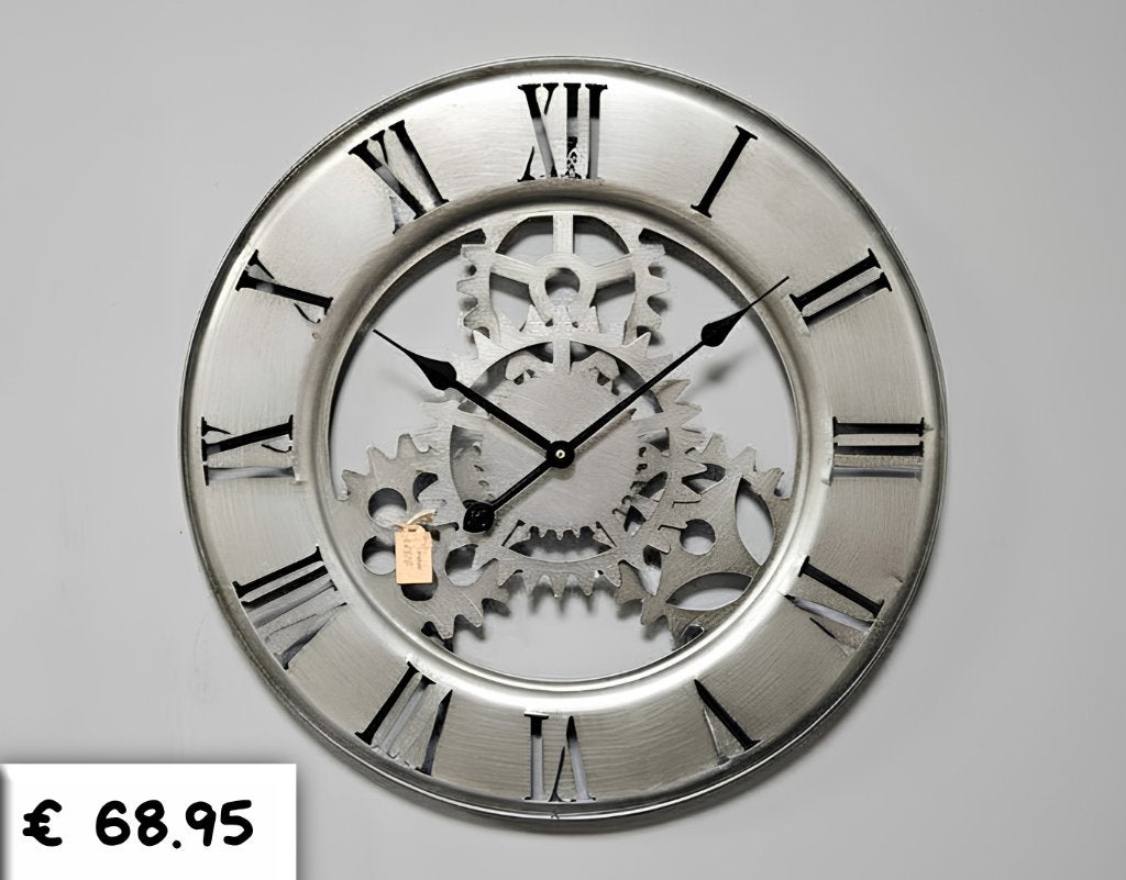 Industriële Metalen Wandklok grijs  met Tandwielen - Ø 63 cm, Ophalen, Nieuw, Analoog, Wandklok