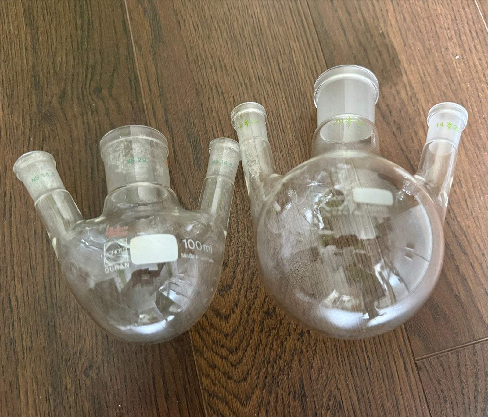 Set van 2 Driehals Rondbodemkolven 100ml en 250ml, Ophalen of Verzenden