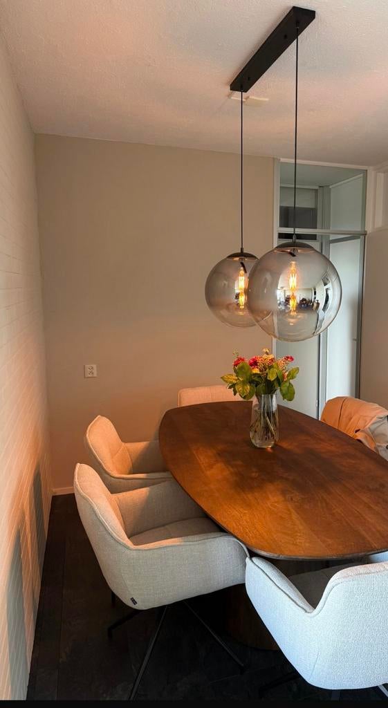 Moderne hanglamp met 2 smoke glazen bollen, Ophalen of Verzenden, Zo goed als nieuw, Glas, 75 cm of meer